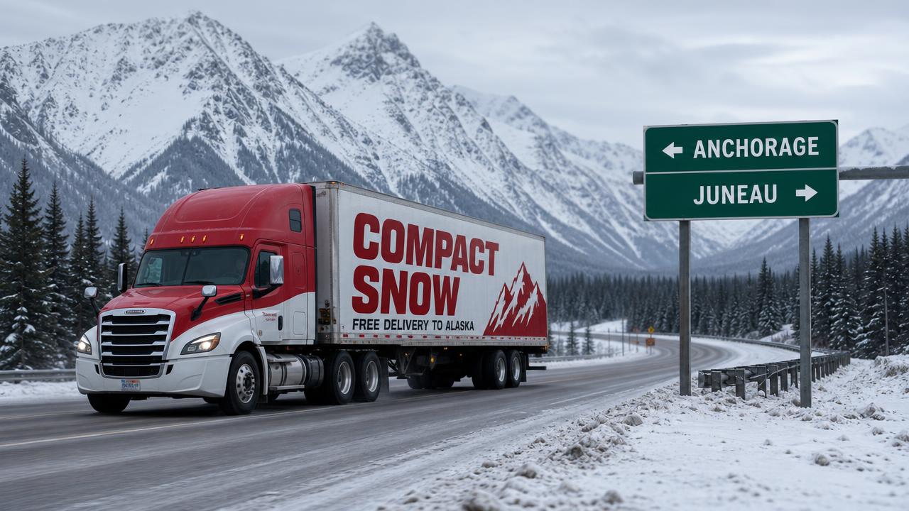 Semi truck lettered Compact Snow - Free Delivery To Alaska driving past highway signs for Anchorage and Juneau